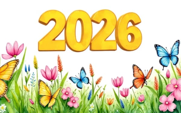 Die große gelbe "2026" schwebt über bunten Blumen und Schmetterlingen auf weißem Hintergrund und fängt den lebendigen Geist der Polychance ein.